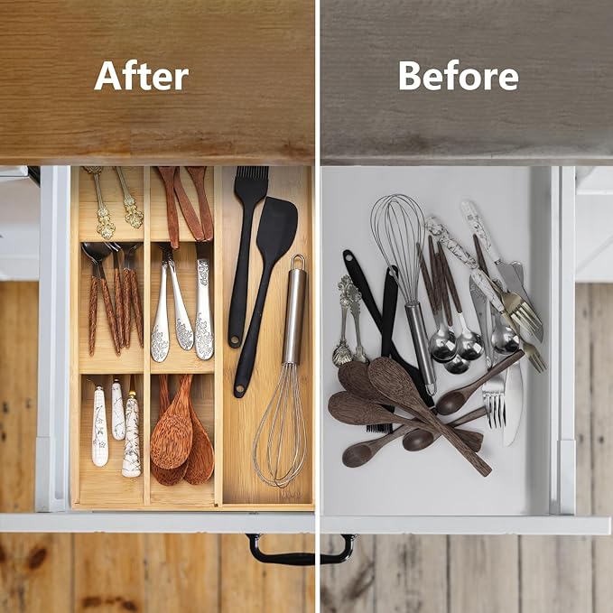 Hiceeden Bamboo Silverware Drawer Organizer, 7 Slots Kitchen Flatware Organizer, 15.7" x 9.4" x 2.4" Drawer Silverware Tray Utensil Cutlery Holder Dividers for Knives, Forks, Spoons