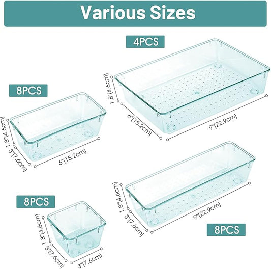 WOWBOX 28 PCS Clear Plastic Drawer Organizer Set, 4 Sizes Desk Drawer Divider Organizers and Storage Bins for Makeup, Jewelry, Gadgets for Kitchen, Bedroom, Bathroom, Office,Sea Blue