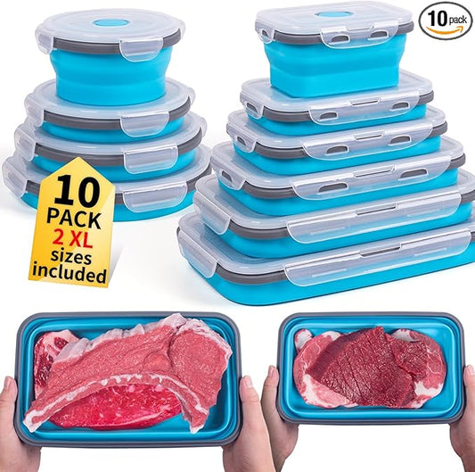 Collapsible Food Storage Containers with Lids 10 Pack(81oz/58oz Extra Large Included), 6 Rectangular+4 Round, Annaklin Silicone Collapsible Food Containers Sets Microwave Freezer Dishwasher Safe, Blue