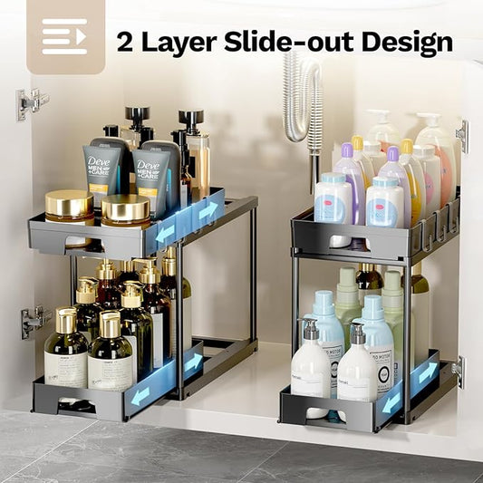 2 Pack Under Sink Organizers and Storage, Double Sliding Kitchen Bathroom Cabinet Organizer, 2 Tier Under Sink Storage for Kitchen Bathroom, Black Under Cabinet Organizer with Hooks