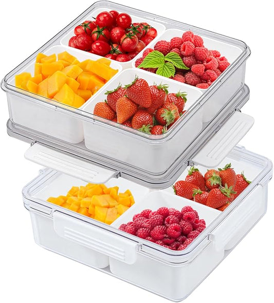 Eanpet 2Pack Divided Veggie Tray with Lid 4 Compartment Stackable Serving Tray Portable Square Snackle Box Stackable Travel Snack Platters Charcuterie Food Storage Containers for Fruit,Vegetable,Salad