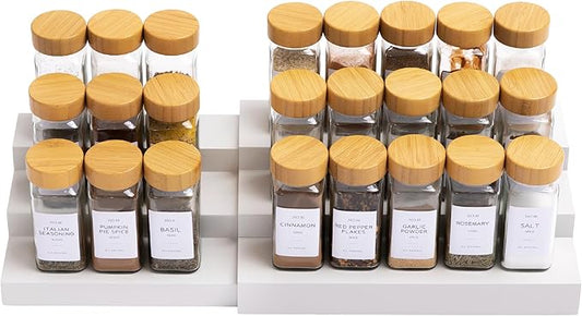 Expandable Spice Rack Organizer for Cabinet, 3-Tier Shelf for Spice Organization (11” to 22”), Fits 36 Spice Jars, Seasoning and Pantry Storage, Non-Slip Feet, 100% Bamboo, White Finish