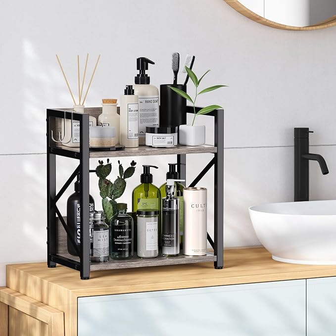 Kitchen Countertop Organizer, Coffee Bar Station Organizer for Countertop, 2 Tiers Kitchen Counter Shelf, Wooden Spice Rack Organizer, Space Saving Desk Shelving Riser Unit