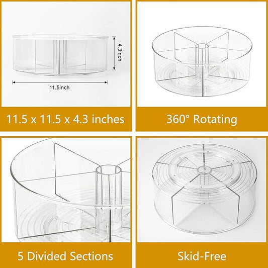 Large Lazy Susan Rotating Turntable Organizer with 5 Dividers - for Kitchen, Bathroom, Cabinet, Pantry, Fridge, Countertop, Vanity - Spinning Food Storage Container for Spices, Condiments-11.5", Clear