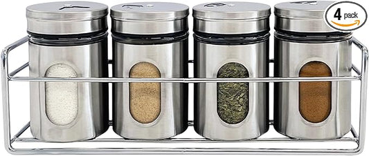 4 Pcs Stainless Steel Spice Seasoning Container Jars with Storage Rack, Perfect for Storing Spices, Salt, Pepper, Sugar and Dry Ingredients (Silver)