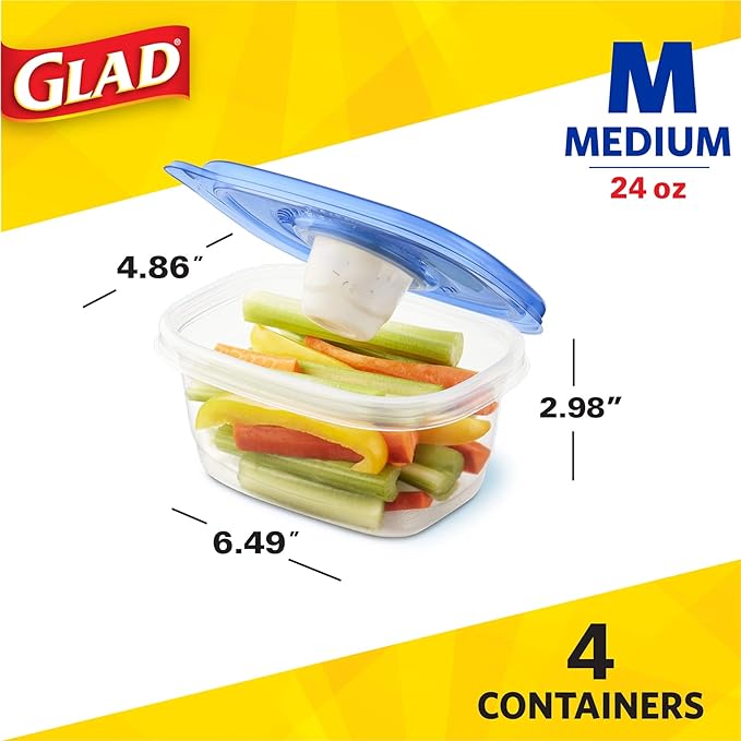 Glad To Go Food Storage Containers | Medium 24 oz Containers for Food Storage from Strong and Sturdy Rectangle Containers in Standard Size, 4 Count - 6 Pack