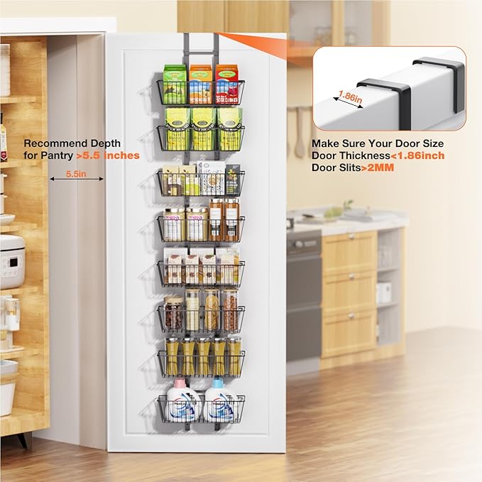 8 Tier Over the Door Pantry Organizer, Over the Door Spice Rack with Adjustable Baskets, Metal Hanging Door Pantry Organizers and Storage for Kitchen Bathroom Bedroom, Black