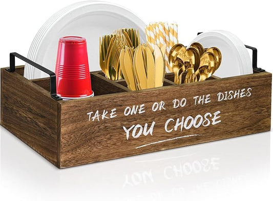 Ameuphercy Paper Plate Holders Utensil Caddy for Kitchen Counter,Wood Paper Plate Organizer Utensil Holder Organizer for Kitchen Accessories,Silverware Caddy Disposable Dish Holder for Party