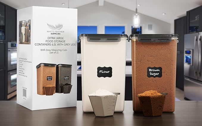 WHITE FEATHER SUPPLIES 2 PC [6.5L / 220 Oz] Large Flour Sugar Storage Containers - Leak Proof, BPA Free, Clear Plastic Food Storage Containers with Lids Airtight - Bulk Storage for Kitchen and Pantry