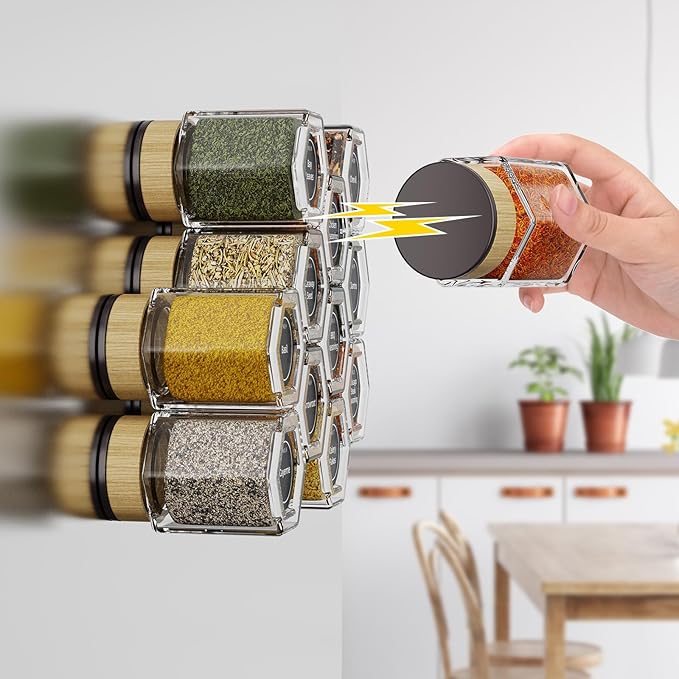Set of 12 Magnetic Spice Tins with 2 Black Metal Wall-Plates,100 Preprinted Seasoning Label Stickers,2 Styles for 3 oz Herb Jars (12 PCS)