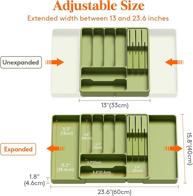 Lifewit Silverware Organizer for Kitchen Drawer, Expandable Utensil Tray with Removable Knife Block, Adjustable Cutlery Flatware Holder, Plastic Spoon Forks Holder Storage Divider, Large, Green