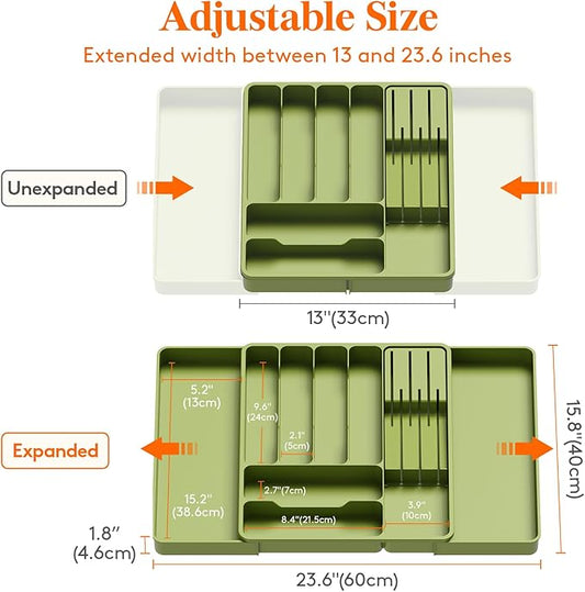 Lifewit Silverware Organizer for Kitchen Drawer, Expandable Utensil Tray with Removable Knife Block, Adjustable Cutlery Flatware Holder, Plastic Spoon Forks Holder Storage Divider, Large, Green