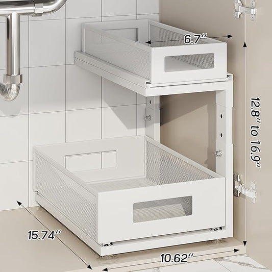1 Pack 15.74IN-Depth Under Sink Organizer with Next-Gen Ball-Bearing Slides,2-Tier Pull Out Cabinet Storage,Height Adjustable Drawer Shelf for Bathroom,Kitchen,Laundry,Cabinet,Pantry-White