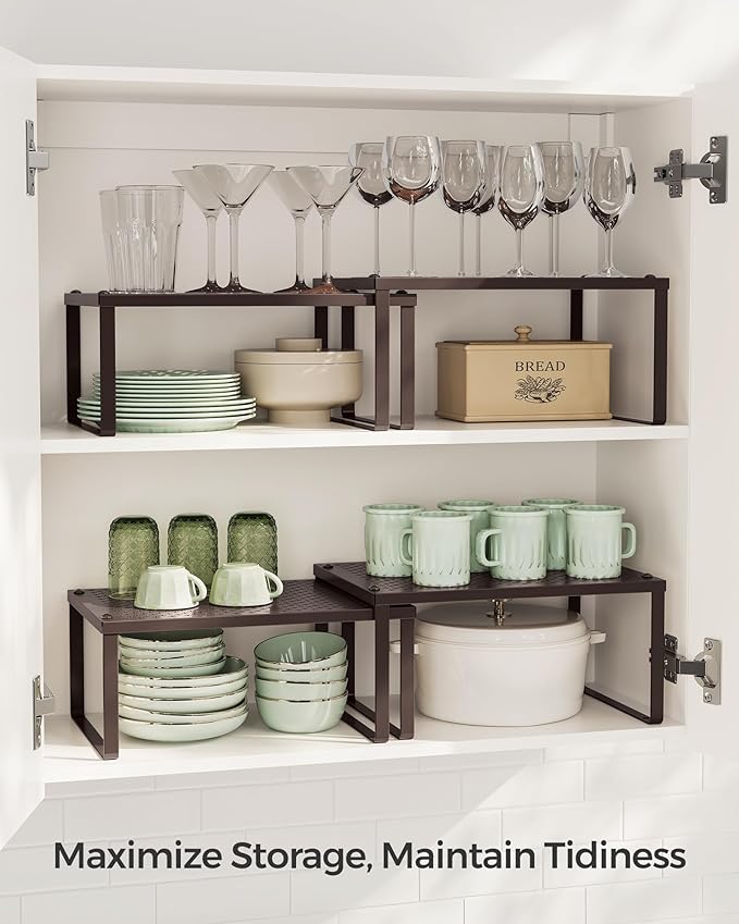 SONGMICS Spice Racks, Cabinet Shelf Organizers, Shelf Organizers, Countertop Organizers, Shelf Risers, Stackable, Expandable, Set of 4 Metal Kitchen Counter Shelves, Brown UKCS06BR
