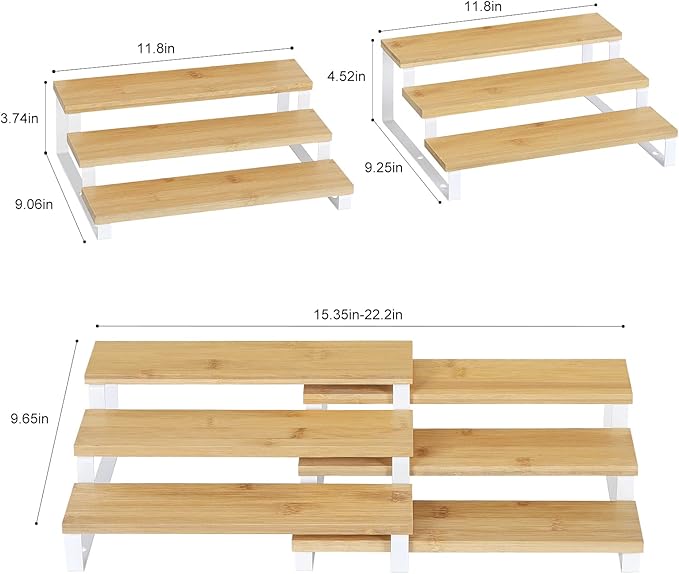 MOOACE 3 Tier Spice Rack Organizer for Cabinet, Expandable Spice Rack Seasoning Shelf Organizer for Kitchen Cabinet Countertop, Set of 4, White and Natural