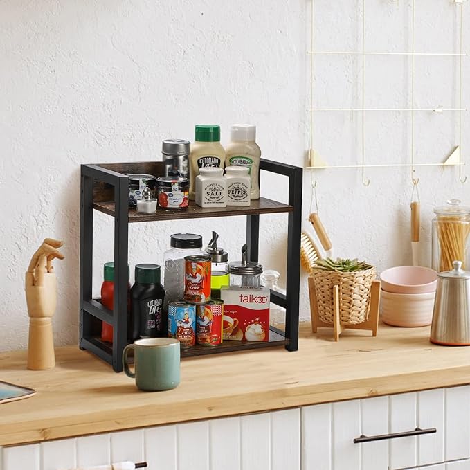 Youeon Wooden Coffee Bar Organizer 15.7x7x15.2 in, 2 Tier Kitchen Countertop Organizer for Coffee Bar Accessories, Wooden Shelf for Spice Jars, Condiment, Syrup Bottles, Kitchen, Office