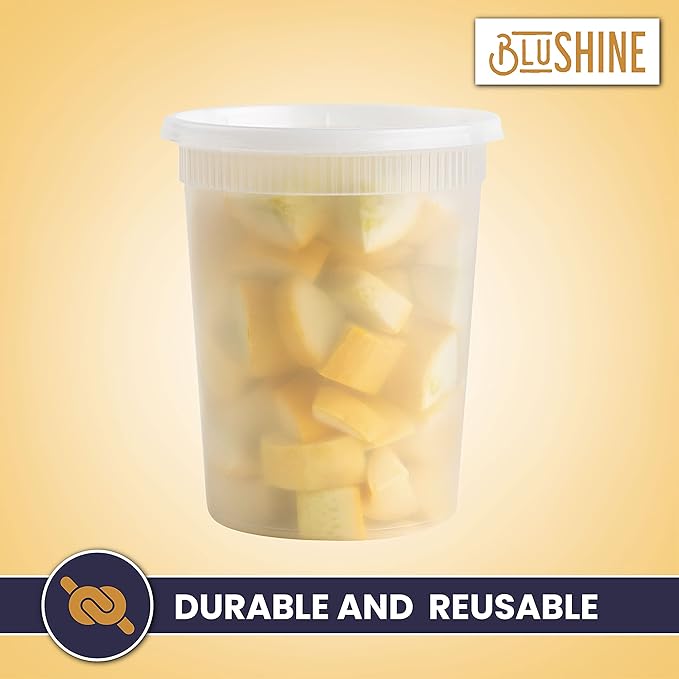 [24 Sets] 32 oz. Plastic Deli Food Storage Containers with Airtight Leak Proof Lids - Reusable - Microwave, Fridge, and Freezer Safe