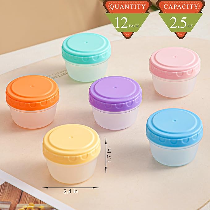 12 Pack Salad Dressing Containers, 2oz Leakproof Sauce Containers with Lids, Portable Lunch Box Accessories, BPA Free, Microwave & Dishwasher Safe