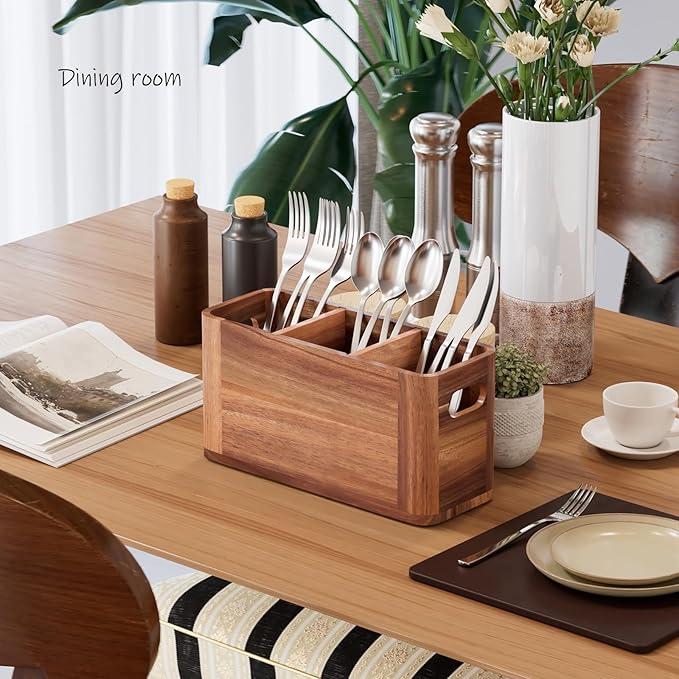Silverware Holder, Acacia Wood Utensil Holder for Party, Silverware Organizer Countertop, Picnic Caddy for Party, Countertop, Camping
