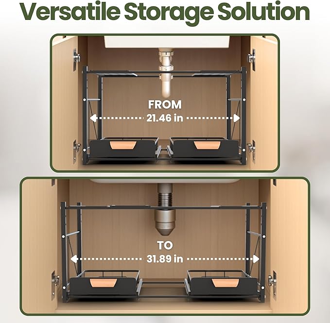 Expandable Kitchen Under Sink Organizers and Storage - Rustproof Bathroom Organizers and Storage - 2 Tier Sliding Basket Drawers, Adjustable Width & Height Bathroom Cabinet Organizer