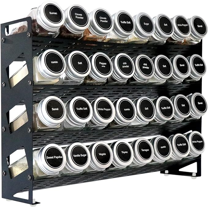 4 Tier Countertop Spice Rack Organizer for Kitchen Cabinet Pantry or Wall Mount, Matte Black (Jars Not Included)
