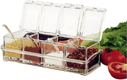 KNC Transparent Seasoning Rack Spice Pots, Storage Container Condiment Jars, 4 Piece Acrylic Seasoning Box with Cover and Spoon, Spice Rack Organizer for Kitchen, Counter, Food Storage