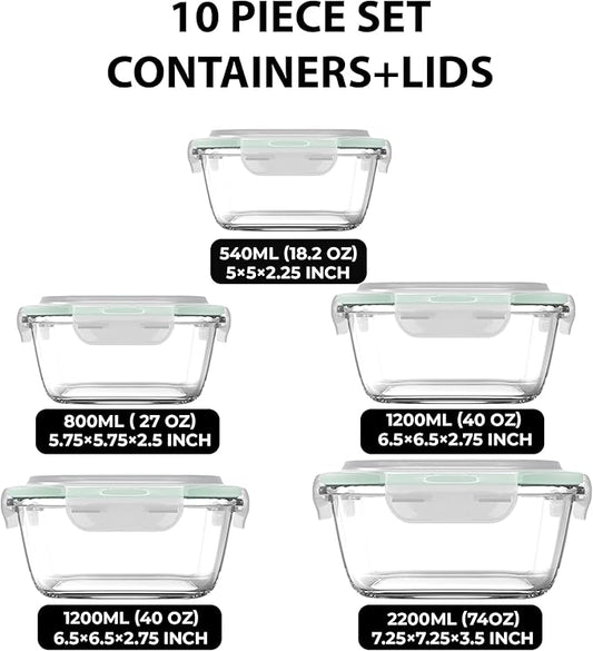 Razab 10 Pcs Glass Food Storage Containers with Lids – 74, 40, 27 & 18 Oz | Glass Meal Prep Containers Reusable | Lunch Containers with Lids, BPA-free freezer storage
