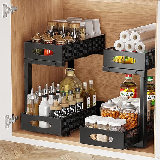Under Sink Organizer, 2-Tier Put Out Cabinet Organizer, Adjustable Rust Proof Under Sink Organizers and Storage, Kitchen Undersink Organizers for Kitchen, Bathroom, Cabinet, Counter, 2 Pack, Black