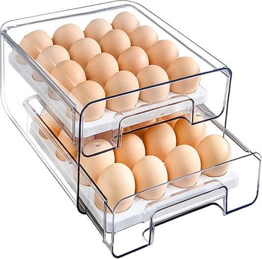Large Capacity Egg Container for Refrigerator - 32 Eggs, Double Layer Drawer With Removable Tray, Stackable, BPA Free