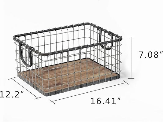 16" Rectangular Sturdy Hand Welded Farmhouse Metal Wire Basket with Rustic Wooden Bottom For Shelves, Closet Storage Bins for Shelves. Also For Laundry, Towel, Spice Rack, Tool Box (1)