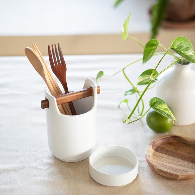 Kitchen Utensil Holder for Flatware, Silverware, Cutlery and Cooking Accessories, Wood and Ceramic, Countertop and Table Caddy (White)