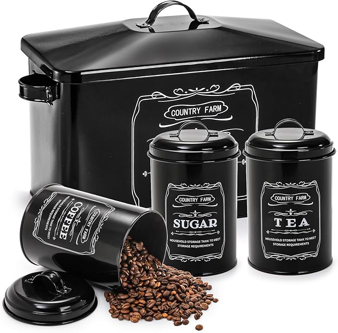 yarlung Metal Bread Box with 3 Kitchen Canisters Set, Large Black Farmhouse Bread Tin for Kitchen Countertop, Coffee Tea Sugar Canister with Lid for Pantry Organizer Home Storage