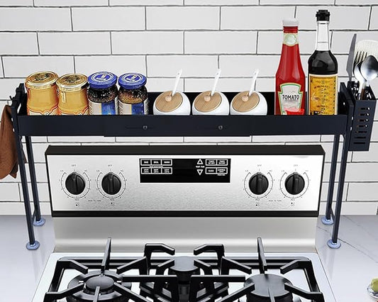 Over Stove Spice Shelf for Kitchen Spice Rack Organizer with Extra Black Basket and Hooks Great for Stove Top Shelf