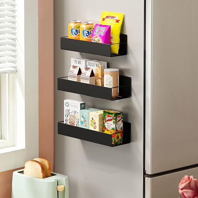 3 Pack Moveable Fridge Magnetic Spice Racks,Metal Black