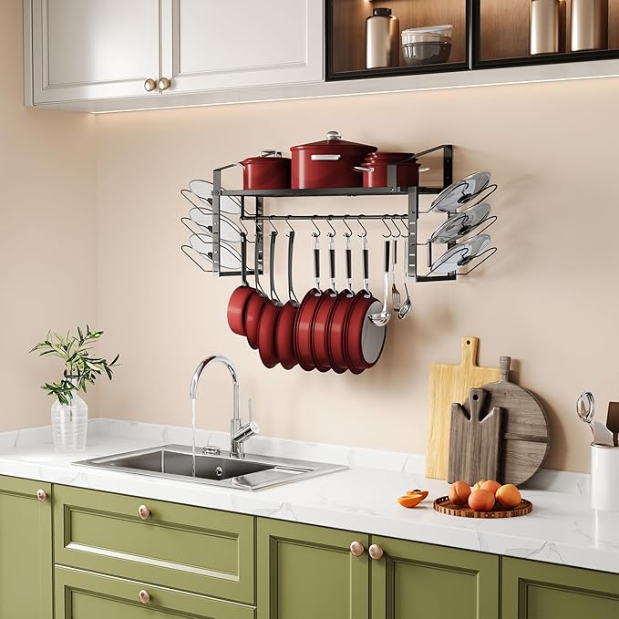 X-cosrack Hanging Pot Rack,Wall Mounted Pot and Pan Organizer with 12 S Hooks,Pot Hangers for Kitchen,Pots Pans Lids Organizer Cookware Hanging Shelves,Equipped with Anti-drop Enlarged Expansion Plugs