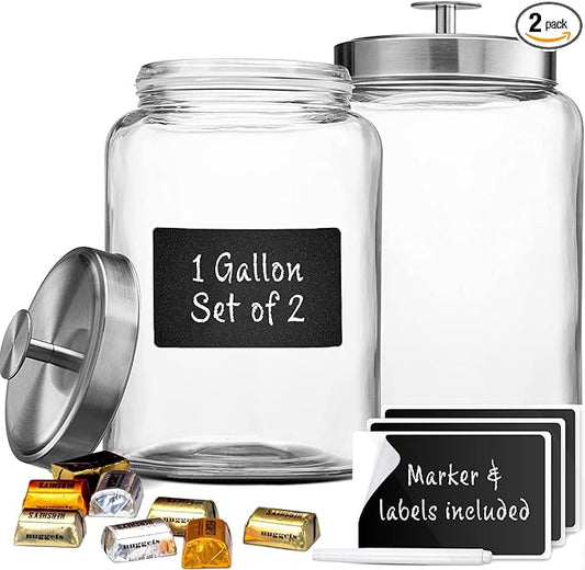 2 Large 1-Gallon Glass Canister Sets for Kitchen Counter with Stainless Steel Airtight Lids + Marker & Labels, Cookie Jar & Candy Jar for Buffet, Coffee & Flour Jars, Laundry Room Storage & Pantry