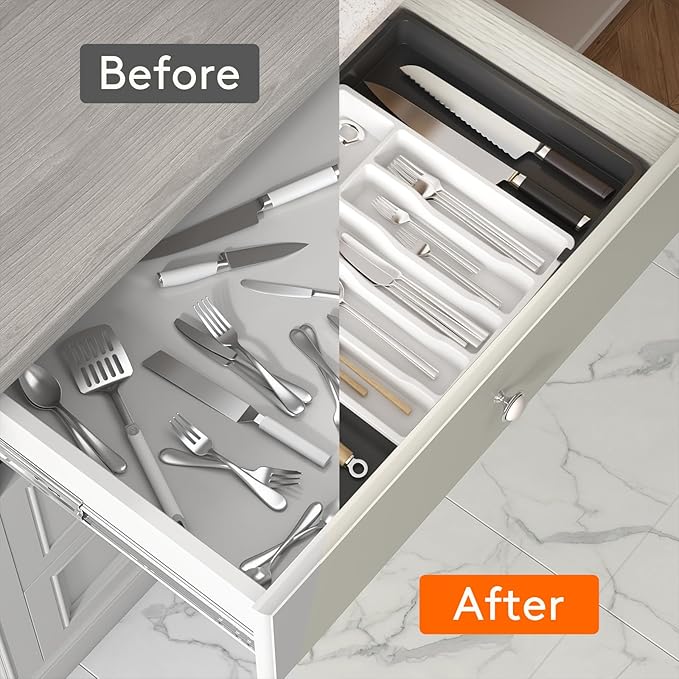 Lifewit Silverware Drawer Organizer, Expandable Utensil Tray for Kitchen, BPA Free Flatware and Cutlery Holder, Adjustable Plastic Storage for Spoons Forks Knives, Large, White&Black