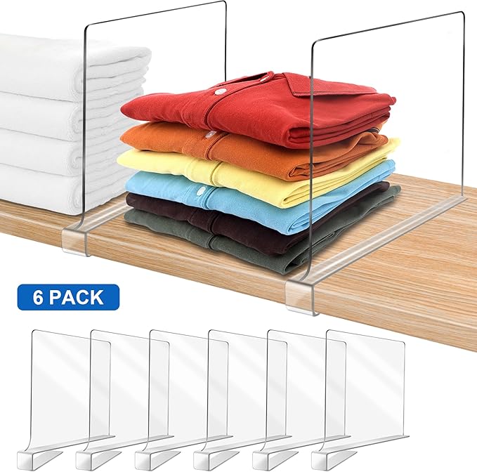 12 Inches [Extra Tall Version] Clear Shelf Dividers for Closet Organization and Storage, 6 Pack Purse Organizer for Closet Acrylic Adjustable Bookshelf for Organization, Perfect for Sweater, Clothes