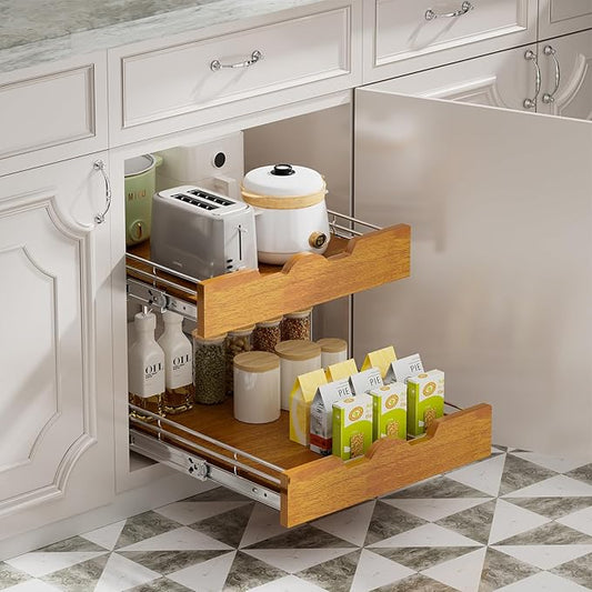 DINDON 2 Tier Pull Out Cabinet Organizer (20" W x 21" D) Slide Out Wood Shelf Double Tier Kitchen Wire Basket with Chrome Finish…
