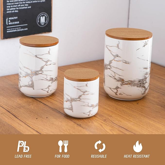 White Kitchen Canister Set of 3, Kitchen Countertop Ceramic Jars with Airtight Wood Lids, Storage Containers for Coffee Beans, Tea, flour, Grains, Salt, Marble Pattern