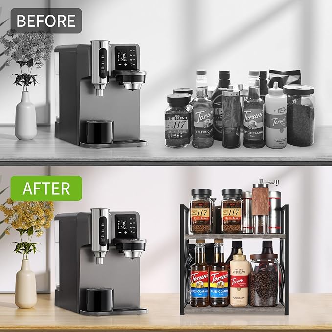 YINMIT Countertop Shelf Organizer,Coffee Bar Accessories,Spice Rack,Coffee Counter Shelf,2 Tier Coffee Organizer Station for Mugs,Cups,Cream,Syrup(Rustic Grey, Medium)
