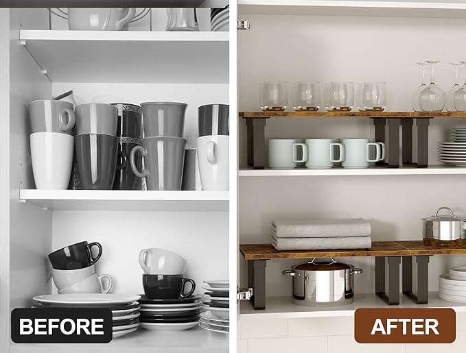 Cabinet Shelf Organizers, Set of 4 Stable Kitchen Counter Shelves, Stackable Expandable Spice Racks, Wood Anti-Slip Kitchen Organizers and Storage, Easy to Assemble, Rustic Brown
