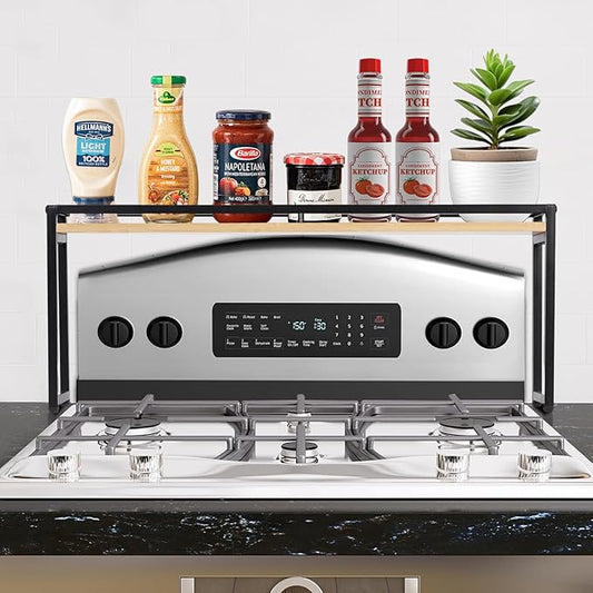 Stove Top Shelf - Over the Stove Shelf for Kitchen, 31.5" Countertop Spice Rack Organizer Shelf, Stove Shelf Kitchen Space Savers, Protective Lips and Metal Legs, Easy to Assemble