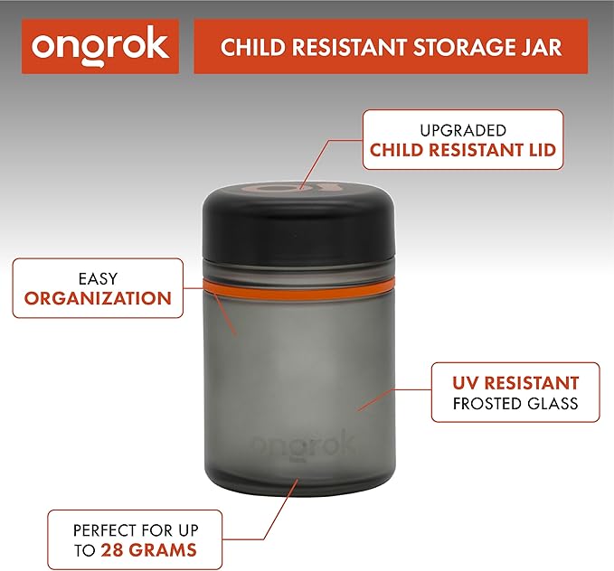 ONGROK Glass Storage Jar, 500ml, 2 Pack, UV Herb/Spice Jar with Child Resistant Lid, Color-Coded Glass Containers Air Proof to Preserve Smell and Aroma, Perfect Size to Store in a Drawer or Cupboard