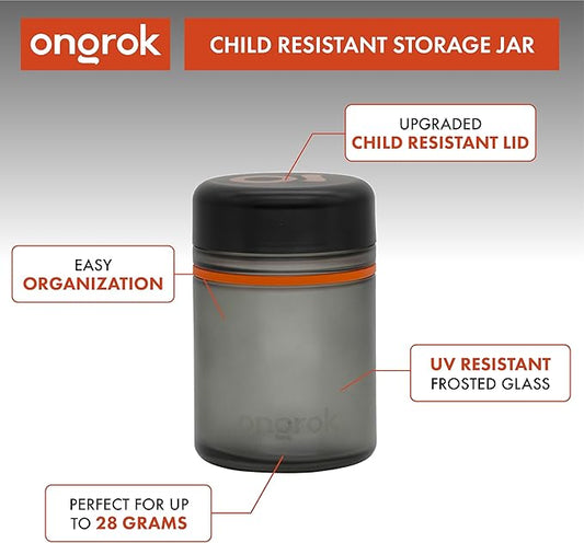 ONGROK Glass Storage Jar, 500ml, 2 Pack, UV Herb/Spice Jar with Child Resistant Lid, Color-Coded Glass Containers Air Proof to Preserve Smell and Aroma, Perfect Size to Store in a Drawer or Cupboard