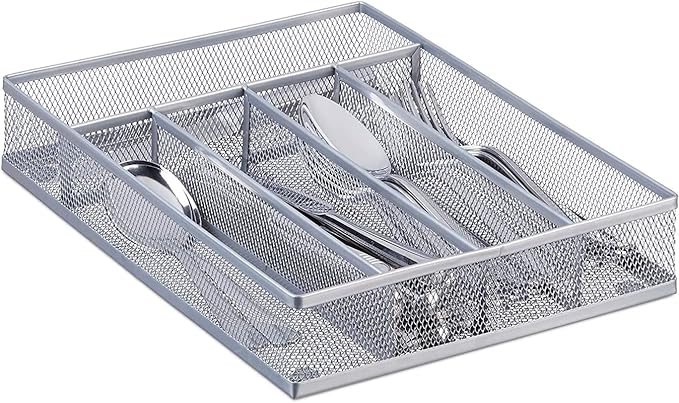 Silverware Tray for Drawer, Silverware Organizer, Metal Drawer Organizer Kitchen Utensils with Foam Feet Multi Compartments Cutlery Organizer in Drawer (SLIVER)