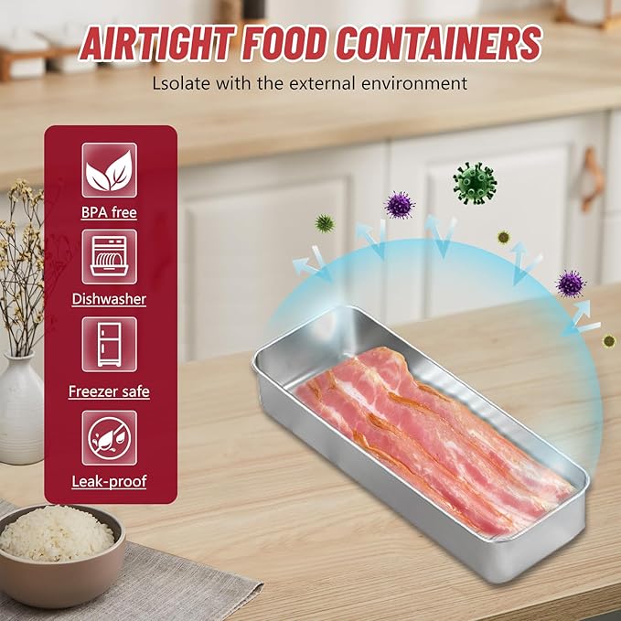 2 Pack Bacon Keeper Container, Cheese Container for Fridge,Lunch Meat Container for Refrigerator, Stainless Steel Deli Containers,Fridge Organizers and Storage with Lids Stackable (Bacon)