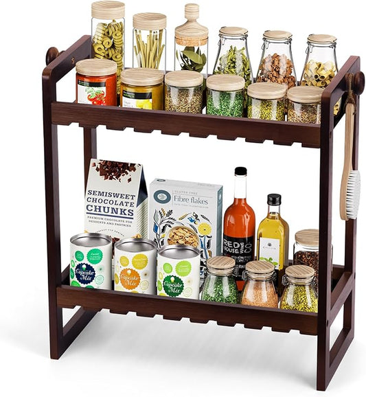 Countertop Organizer, Bamboo Spice Rack Organizer for Pantry, 2 Tier Kitchen Counter Shelf, Coffee Station Organizer,Teak