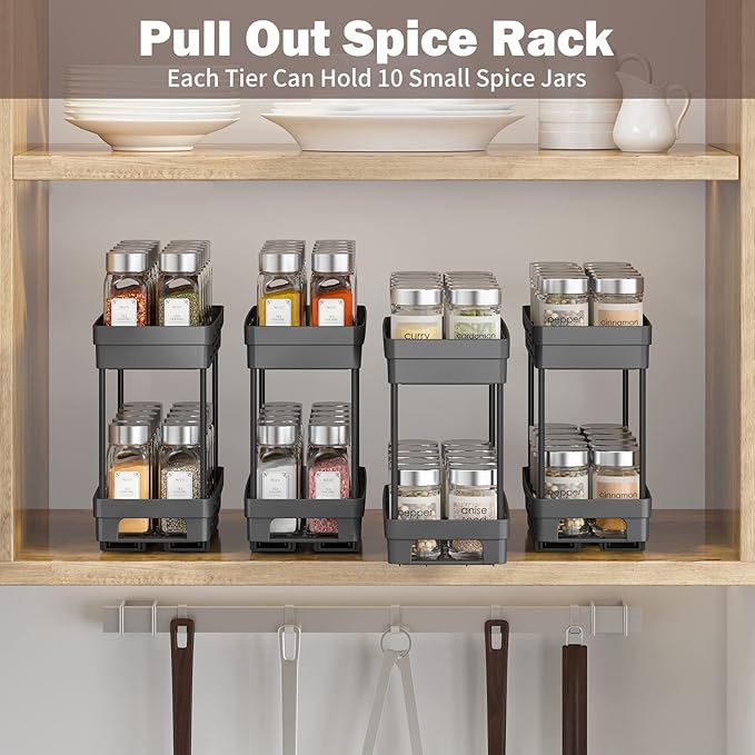 3 Packs Pull Out Spice Rack Organizer for Cabinet, Slide Out Spice Racks Organizer, Easy to Install Spice Cabinet Organizers, 4.33''Wx10.4''Dx8.5''H, Each Tier Hold 10 Spice Jars - 2 Tier