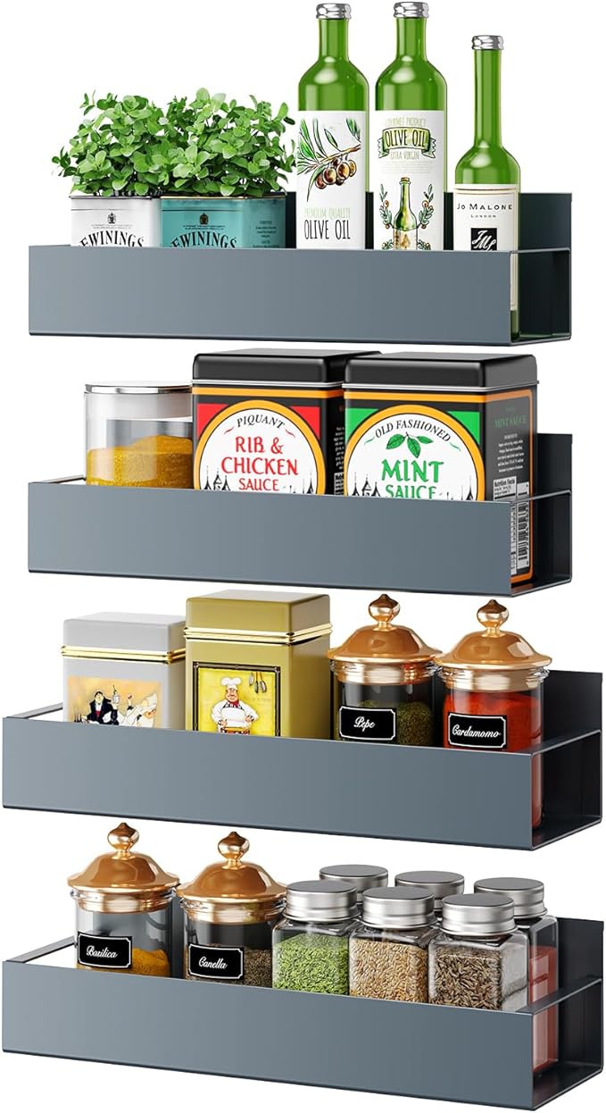 4 Pack Moveable Fridge Magnetic Spice Racks,Metal Grey